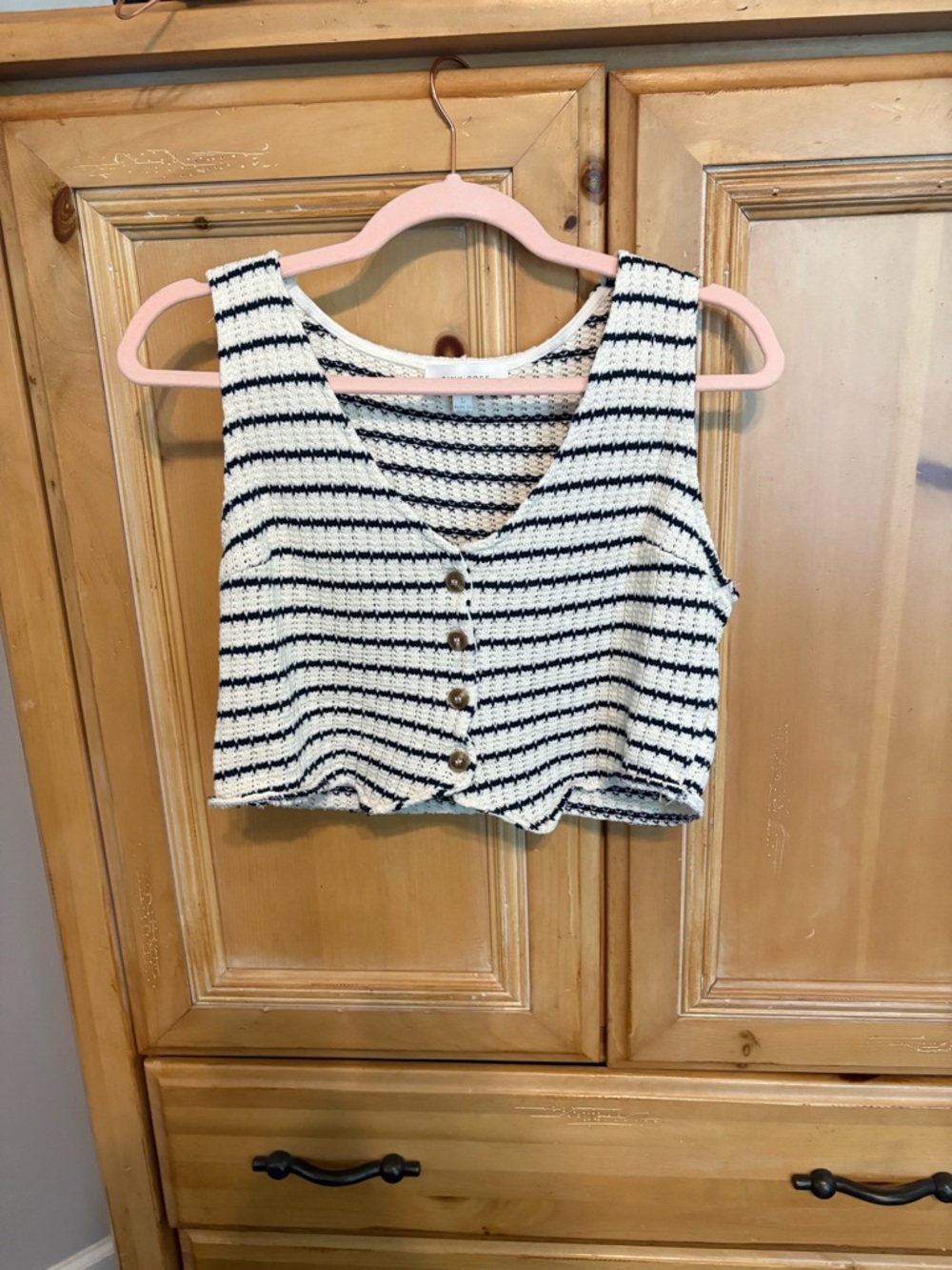 Striped Knit Crop Tank Top | Button Front | Coastal Chic | Size L - Picture 4 of 6